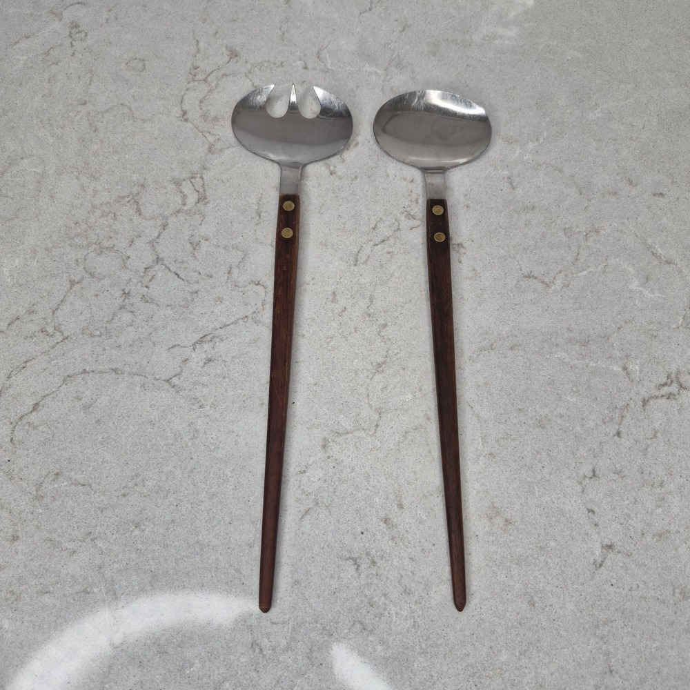 Vintage NEVCO Stainless Steel Japanese Teak Wood‎ Spoon & Fork Salad Serving Set